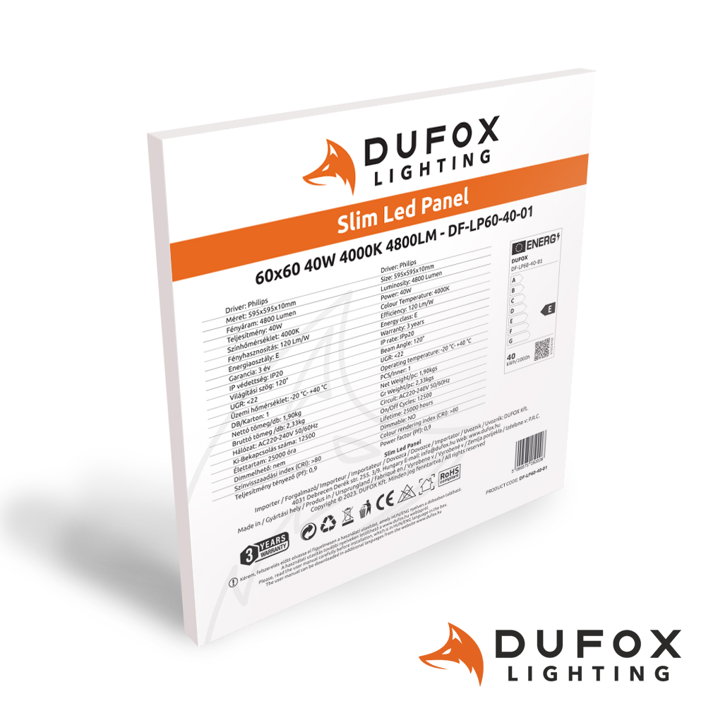 Dufox lighting DF-LP60-40-01 60x60 595x595x10 slim led panel 40W 4800lm 4000K philips driver 3 év garancia
